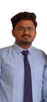 a man wearing glasses and a blue shirt is standing in front of a white background
