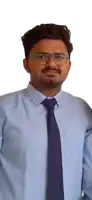 a man wearing glasses and a blue shirt is standing in front of a white background