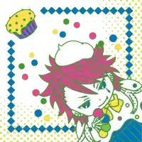 a drawing of a girl with pink hair and a cupcake on top of her head