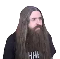 a man with long hair and a beard wears a shirt that says hhh
