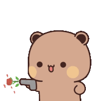 a brown teddy bear is holding a gun and a rose