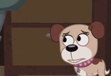 a cartoon dog wearing a pink collar with hearts on it looks up at something