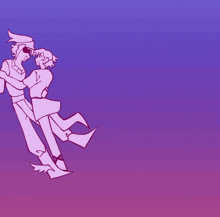 a drawing of two people dancing on a purple and blue background