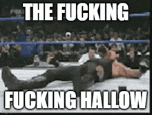 a man is laying on the ground in a wrestling ring with the words the fucking fucking hallow above him