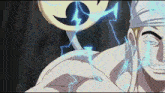 a man with a bandana around his head is smiling with lightning coming out of his eyes