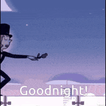 a cartoon of a man in a top hat holding a rose with the words " goodnight " below him