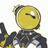 a cartoon drawing of a robot with a large yellow ball on its head holding a gun .