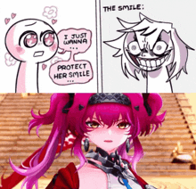 a cartoon of a girl saying " i just wanna protect her smile " next to a cartoon of a girl with pink hair