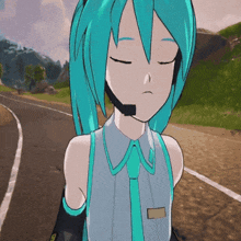 a cartoon girl with blue hair and a headset stands on a road with her eyes closed