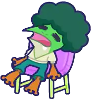 a cartoon frog with a afro is sitting in a chair