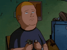 a cartoon character from king of the hill is holding money and a bottle .