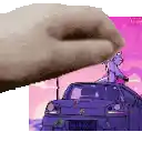 a hand is reaching out towards a picture of a car with a cartoon character on top of it .