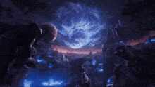 a man stands in front of a glowing blue sphere