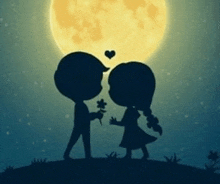 a boy is giving a flower to a girl while they kiss in front of a full moon .