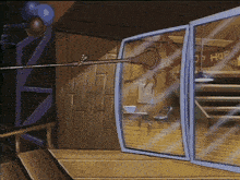 a cartoon scene with a sign that says hop on it