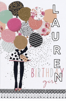 a birthday card for lauren shows a woman holding many balloons