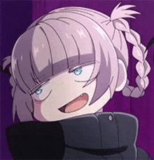 a close up of a cartoon girl making a funny face with her mouth open .