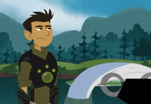 a cartoon character with a green circle on the chest