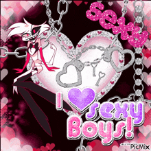 a cartoon character is chained to a heart with the words " i love sexy boys "