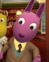 a cartoon character with purple ears is wearing a tan suit