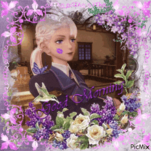 a picture of a girl with purple flowers and the words good morning on it