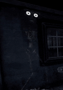 a skeleton with big eyes is standing in front of a window on a wall .