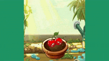 a cartoon illustration of a potted plant with two cherries growing out of it .