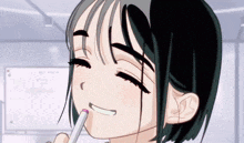 a cartoon girl is smiling and holding a pencil to her mouth