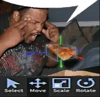 a man is sitting on a couch with a box of pizza and a speech bubble above him that says select move scale rotate