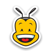 a sticker of a bee laughing with its eyes closed and its mouth open