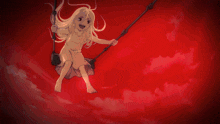 a girl is sitting on a swing in the sky