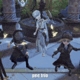 a video game character says pee trio on the bottom