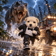 a puppy in a tuxedo is running from a dinosaur