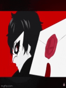 joker from persona 5 is holding a white envelope with a red seal .