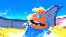 a blue and orange cartoon character with a big smile on its face