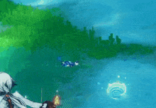 a person is playing a video game in the water while another person is swimming in the water .