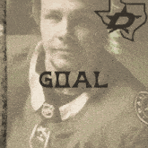 a man in a hockey uniform with the word goal on the bottom
