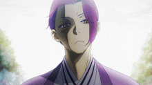a close up of a person with purple hair and yellow eyes