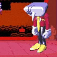 a pixel art of a cartoon character wearing a headset