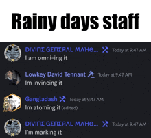 a screenshot of a rainy days staff chat