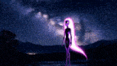 a purple alien with a long purple tail is standing in front of a starry night sky