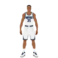 a basketball player with hoyas 35 on his jersey points at the camera