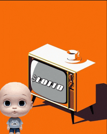 a baby is standing in front of a television that says lotto on it