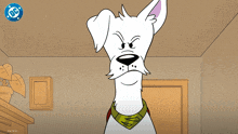 a cartoon of a dog with blue eyes and a dc logo