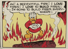 a cartoon of donald duck standing in front of a fire saying ah a beeyootiful fire