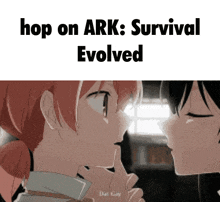 a couple of anime girls kissing with the words `` hop on ark : survival evolved ''
