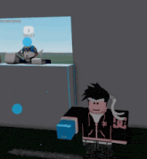 a cartoon character is standing in front of a wall with a blue circle on it