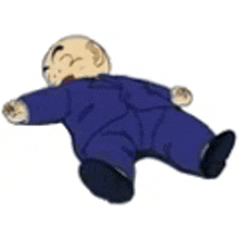 a cartoon character in a blue suit is laying on the floor .