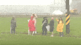 a group of people standing in a field with umbrellas
