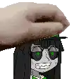 a hand is holding a cartoon character 's head with a hat on it .